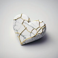 Fototapeta na wymiar White marble heart sculpture with gold vein cracks, 