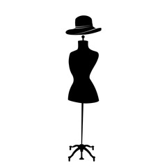 Manekin krawiecki oraz elegancki kapelusz - czarne kontury na białym tle. Szycie, krawiectwo, projektowanie mody. Kobieca sylwetka, tors. Wektorowa ilustracja. - obrazy, fototapety, plakaty