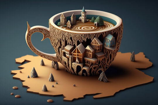 Isometric coffee cup with village carved in it