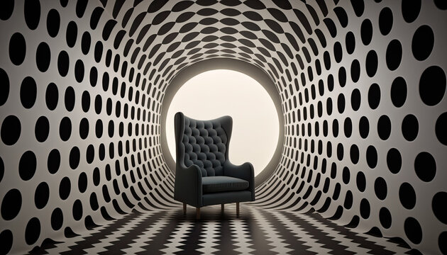 empty black chair in white and black polka dot tunnel room op art, 