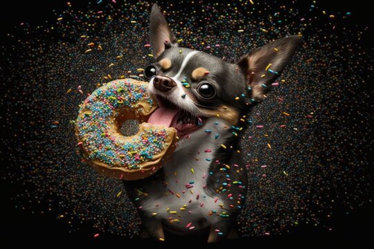 A funny looking chihuahua on a gray background is shown eating a big chocolate doughnut with colorful sprinkles on its tongue and nose. Generative AI