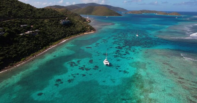Aerial View of Catamaran Between Coast of British Virgin Islands and Coral Reefs