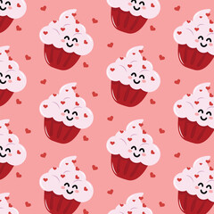 Background cupcakes with mini hearts, Cupcakes pink color seamless pattern.