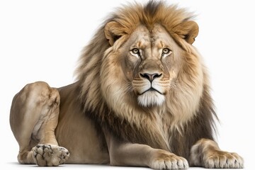 Fototapeta premium 8 year old lion (Panthera leo), sitting in front of a white background. Generative AI