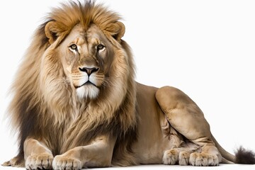 8 year old lion (Panthera leo), sitting in front of a white background. Generative AI - obrazy, fototapety, plakaty