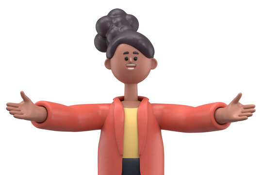 3D illustration of smiling african american woman Coco posing stand reach out stretch hands looking camera, studio portrait.3D rendering on white background.
