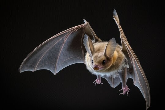 A bat is flying against a black background. The grey long eared bat (Plecotus austriacus) is a big bat that lives in Europe. It has long ears with a fold that make it stand out. It hunts in trees