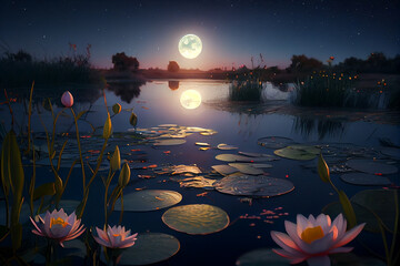 lotus in the pond with full moon in the background.generative ai