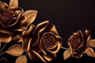 Golden Rose Flowers On Black Background With Blank Space Generative AI