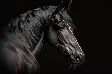 A beautiful picture of a horse on a black background. Dark background with a horse. Generative AI