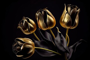 Golden Tulip Flowers On Black Background With Blank Space Generative AI