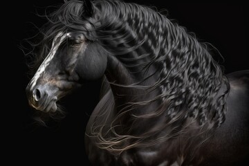 Fototapeta na wymiar A black Andalusian horse with a long mane is shown in this picture. Generative AI
