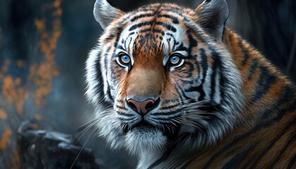 Fototapeta na wymiar tiger with blue eyes is shown with a dark background generative ai