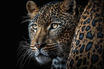 Fototapeta na wymiar A close up picture of a leopard on a dark background. Generative AI
