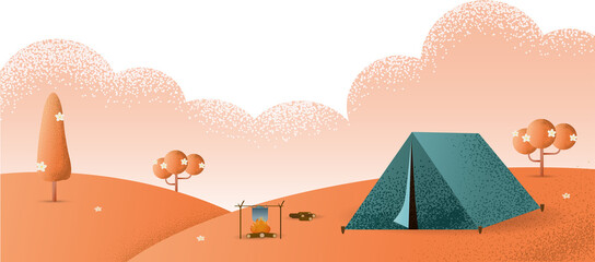 Beautiful Nature landscape. Morning landscape in the mountains. Solitude in nature by the hill. Weekend in the tent. Hiking and camping  style concept illustration.