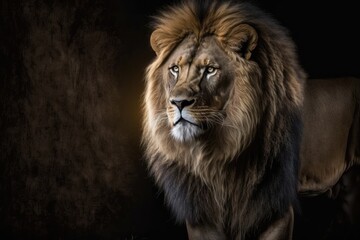 A beautiful, strong lion poses calmly in its dark den. moody lighting for a portrait. Generative AI