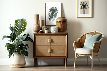 Minimalist and elegant interior with wooden furniture’s. Generative ai interior concept