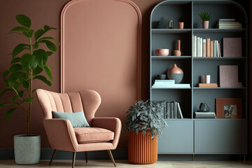 Contemporary cozy interior with terracotta armchair. Generative ai illustration