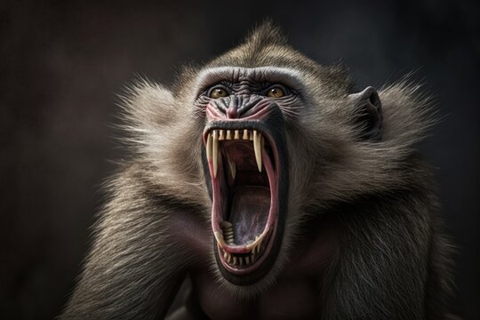 A close up of a baboon's open mouth and sharp teeth as it screams. Generative AI