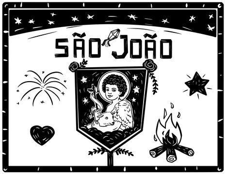 Standard of Saint John. Separated vectors of traditional June festivities from Brazil. Woodcut style and cordel literature