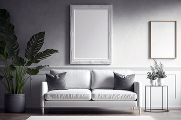 Living room with empty blank picture frame mockup in scandinavian style on white wall. Generative ai interior design