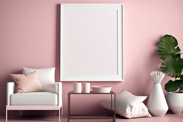 Living room with empty blank picture frame mockup in scandinavian style on pink wall. Generative ai interior design
