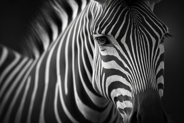 A black and white image of a zebra with a shallow depth of field, with the head and eye in focus and the stripes out of focus. Generative AI