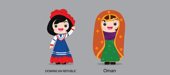 People in national dress.Dominican Republic,Oman,Set of pairs dressed in traditional costume. National clothes. illustration.