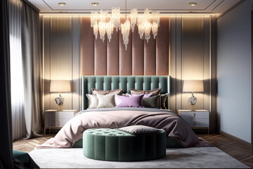 Modern bedroom with beautiful lamp and wall decoration. Generative AI interior design