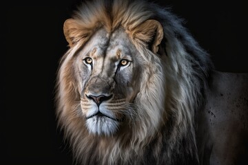 A bleached photo of a portrait of a strong male lion in the dark at night with bright orange eyes, set against a black background. Generative AI