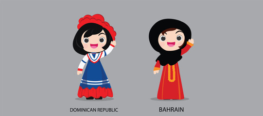 People in national dress.Dominican Republic,Bahrain,Set of pairs dressed in traditional costume. National clothes. illustration.