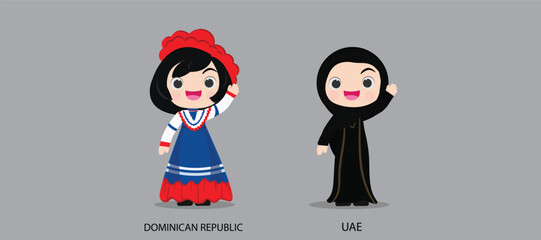 People in national dress.Dominican Republic,UAE,Set of pairs dressed in traditional costume. National clothes. illustration.
