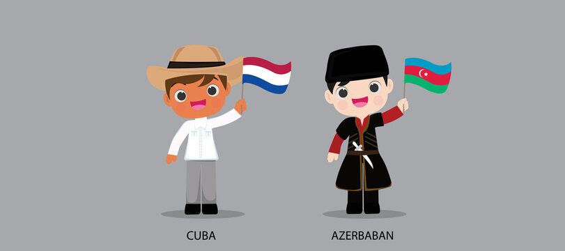 People in national dress.Cuba,Azerbaban,Set of pairs dressed in traditional costume. National clothes. illustration.