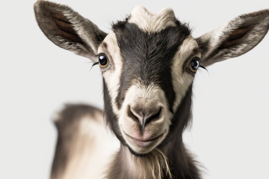 A close up picture of a curious young goat on a white background. Generative AI