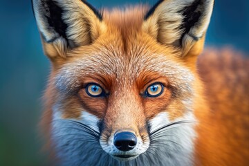 Fototapeta premium A close up of the head of a wild young red fox who is staring straight ahead with his sharp eyes. The animal has pointed ears, a black muzzle, soft red fur, and a cute look on its face. It has a blue