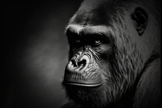 A black and white animal portrait of a gorilla's face in shadows with a lot of contrast. Generative AI