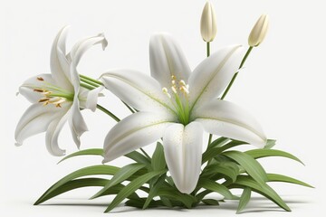 Fototapeta na wymiar Happy Easter; Easter flowers most popular in design: Easter Lily - A classic symbol of Easter, the white trumpet-shaped flowers represent purity and hope.