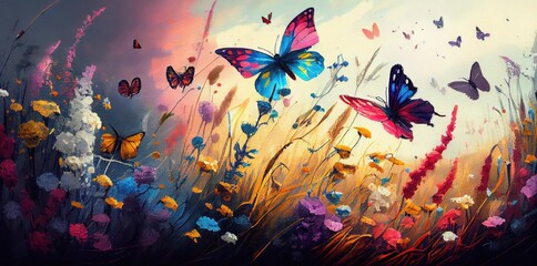 Butterflies With Flowers Background 004 Generative AI