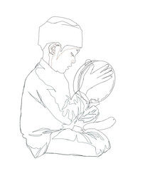 line art, a little boy is playing traditional tambourine music on a white background