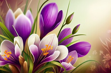Crocus Flowers Closeup In Spring 002 Generative AI