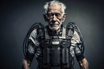 An old man wearing an exoskeleton suit. Modern aging concept. Created with generative AI technology. - obrazy, fototapety, plakaty
