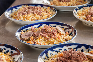 Fresh cooked wedding Uzbek plov in Tashkent, Uzbekistan