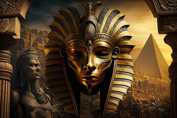 Pharaoh golden mask, panoramic 3d egypt scene, generative AI
