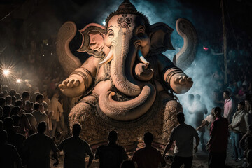 There are many galactic stars in the night sky of a huge massive GANESHA statue, with red lanterns rising in the sky, crowds watching the lantern festival, generative AI - obrazy, fototapety, plakaty