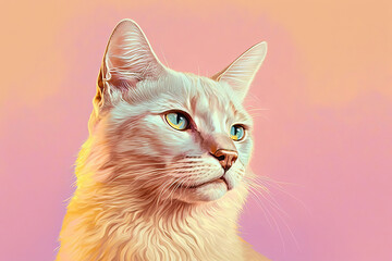 White cat portrait, pink and gold yellow colors, copy space