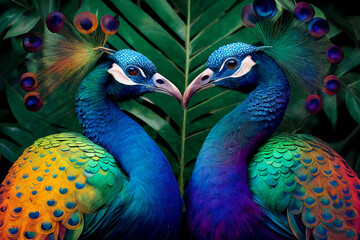 Fototapeta premium Peacock couple in the jungle. LGBT representation. Created with Generative Al technology