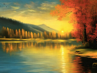 Obraz premium Beautiful nature landscape painting on paper canvas. Generative AI