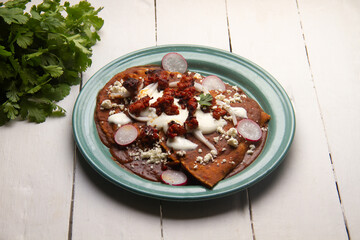 Mexican enfrijoladas with chorizo and fresh cheese