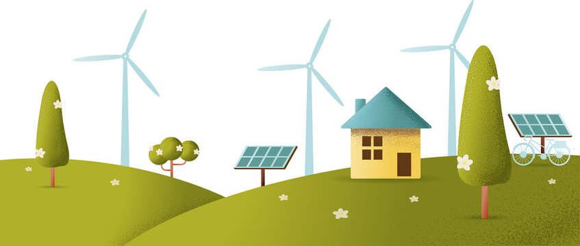 eco friendly house - solar energy, wind energy,Green energy ,urban landscape  style concept illustration.