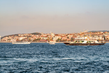 Istanbul skyline. Ferry is crossing the Bosporus